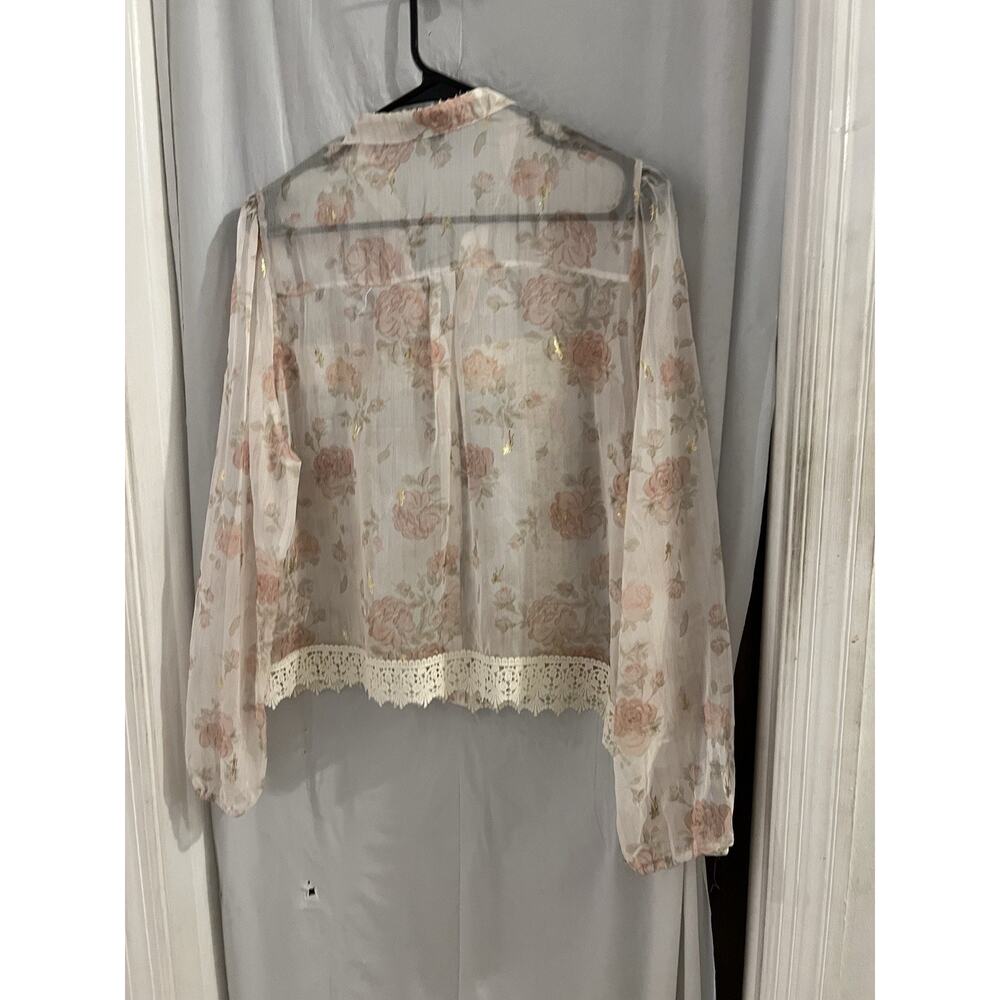 Alice Blue White Pink Floral Sheer Button Front Lace Trim Top Sz L - Picture 8 of 8